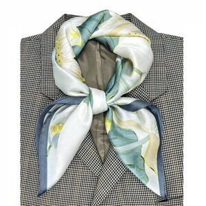 Elegant Silky Square Scarf White Green Lotus Flower Fish Botanical Print Bandana